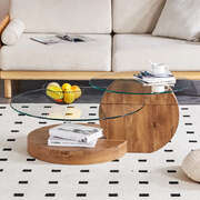 Double Layer Clear Tempered Glass Dark Wood Grain Coffee Table