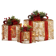 Set of 3 Christmas Gift Boxes with Lights - Champagne with Red Bows