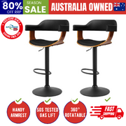 2x Bar Stools Gas Lift Leather w/Armrest All Black