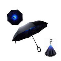 Windproof Double-Layered Hands Free Folding Upside-Down Umbrella Galaxy 