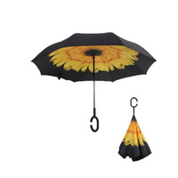 Windproof Double-Layered Hands Free Folding Upside-Down Umbrella Sunflower 