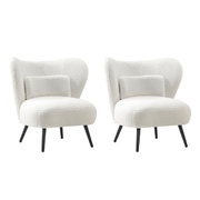 2x Armchair Lounge Chair with Lumbar Pillow Wingback Boucle White