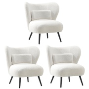 3x Armchair Lounge Chair with Lumbar Pillow Wingback Boucle White