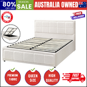 Queen Bed Frame Gas Lift Storage Base Boucle White