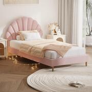 Single Bed Frame Scallop-Shape Bedhead Pink Velvet