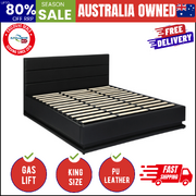 King Bed Frame, RBG Mattress Base with Gas Lift and Storage Space Black