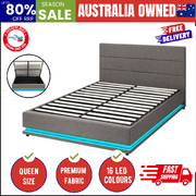 Queen Bed Frame LED Mattress Base with Gas Lift and Storage Space Grey