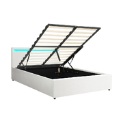 Bed Frame RGB LED Double Size Gas Lift Storage Base White