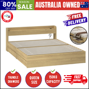 Wooden Bed Frame Queen Size with Charging Ports & 2 Drawers