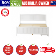 Wooden Bed Frame King Size Base with Trundle Storage Drawers White