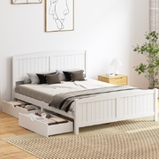 Wooden Bed Frame Queen Size Base with Trundle Storage Drawers White