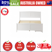 Wooden Bed Frame Queen Size Base with Trundle Storage Drawers White