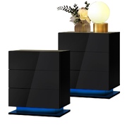 Bedside Tables Set of 2 LED Nightstand Cabinet 3 Drawers Side Table