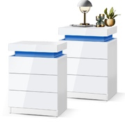 Bedside Tables Set of 2 LED Nightstand Cabinet Side Table White