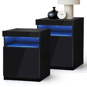 Bedside Tables Set of 2 LED Nightstand Shelf Side End Table Black