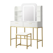 Dressing Table Stool Set Makeup LED Mirror Vanity Iron Desk White Gold