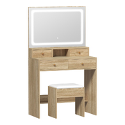 Dressing Table Stool Set LED Mirror Vanity Desk with Drawers Natural