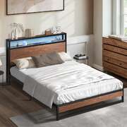 Metal Bed Frame Double Size LED Storage Headboard USB Charge