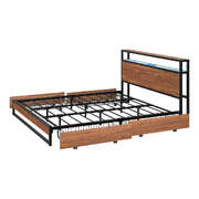 Metal Bed Frame King LED Storage Headboard USB Charging & 4 Drawers