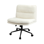 Mid Back Armless Office Desk Chair Wide Seat Boucle White with Wheels