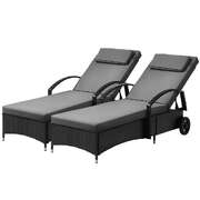 2x Sun Lounge Adjustable Backrest Wicker Black