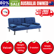 Sofa Bed 3 Seater with Cup Holder Velvet Blue