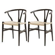 1 Set Of 2 Dining Chairs Wooden Rattan Wishbone Black