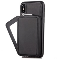 iPhone X Black Wallet Case PU Protective Cover with Mirror Card Slot Zip Section