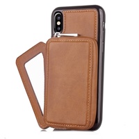 iPhone X Brown Wallet Case PU Protective Cover with Mirror Card Slot Zip Section