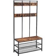 Large Coat Rack Stand with 12 Hooks and Shoe Bench Rustic Brown and Black