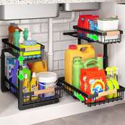 2-Tier Kitchen Under Sink Organiser Storage With Height Adjustable, Unique Slide Rail & Suction Cups For Storage