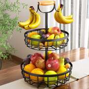 2-Tier Fruit Basket Bowl Storage With Wood Lift Handle And Dual Banana Tree Hanger For Kitchen Countertop