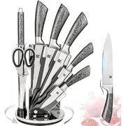 Kitchen Knife Block Set 8 Stainless Steel Knives, Wooden Color Handle (Silver Color)