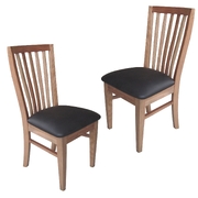 2Pc Set Dining Chair Pu Leather Seat Slat Back Solid Oak Timber Wood