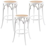 3Pc Round Bar Stools Dining Stool Chair Solid Birch Wood Rattan White