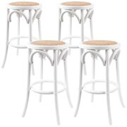 4Pc Round Bar Stools Dining Stool Chair Solid Birch Wood Rattan White