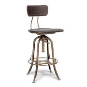 Industrial Swivel Bar Stool Chair - Wooden, Back, Dark French Brass