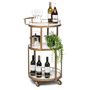 French Brass Round 3-Tier White Marble Serving Drinks Trolley Bar Cart