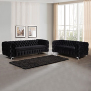 Black Velvet Button Tufted 3+2 Seater Sofa With Metal Legs