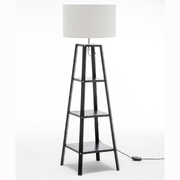 3 Tier Natural Wood Floor Lamp W/ Storage Shelves + Off White Linen Shade