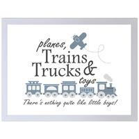 Planes Trains Trucks and Toys (297 x 420mm, White Frame)