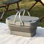 Grey Foldable Outdoor Picnic Basket with Lid and Tabletop, Camping Storage Box