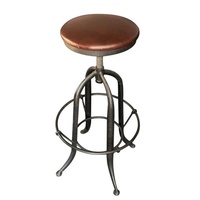 Industrial Bar Stool With Top Grain Leather Seat