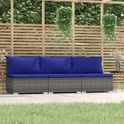 3-Seater Sofa with Cushions Grey Poly Rattan