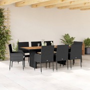 9 Piece Garden Dining Set with Cushions - Black Poly Rattan