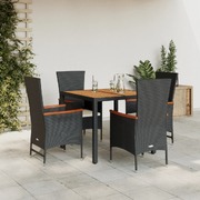 5-Piece Garden Dining Set with Cushions Black Poly Rattan