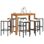 7 Pcs Garden Bar Set Black Solid Wood Acacia and Poly Rattan