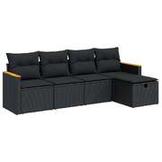 5 Piece Garden Sofa Set with Cushions Black Poly Rattan - Sleek