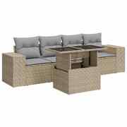 Durable 5 Piece Garden Sofa Set with Cushions Beige Poly Rattan