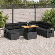 Durable 9 - Piece Garden Sofa Set with Cushions Black Poly Rattan